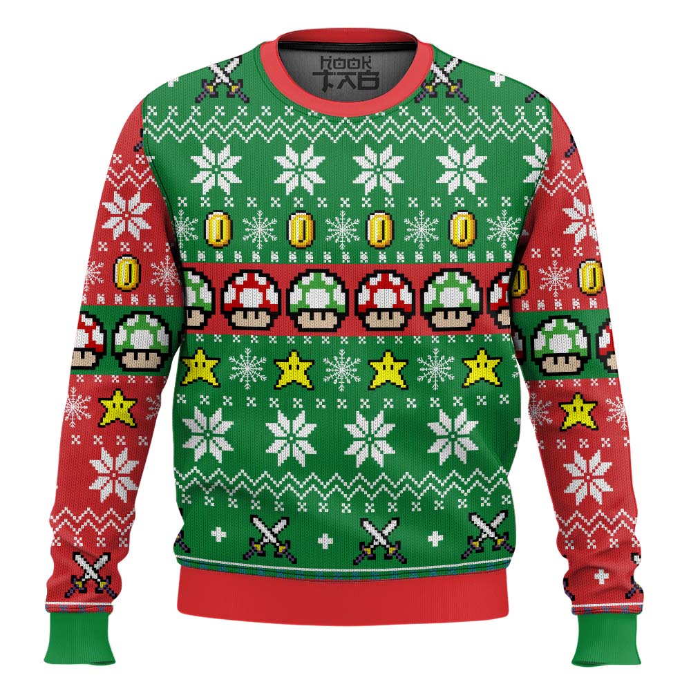 Hooktab 1-Up Mushroom Mario Bros Ugly Christmas Sweater Hooktab 1-Up Mushroom Mario Bros Ugly Christmas Sweater