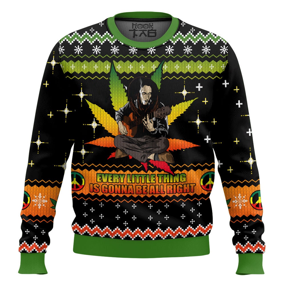 Hooktab 420 Bob Marley Every Liltle Thing Is Gonna Be Alright Ugly Christmas Sweater Hooktab 420 Bob Marley Every Liltle Thing Is Gonna Be Alright Ugly Christmas Sweater