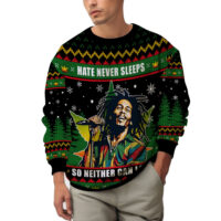 Hooktab 420 Bob Marley “Hate Never Sleeps So Neither Can Love” Ugly Christmas Sweater