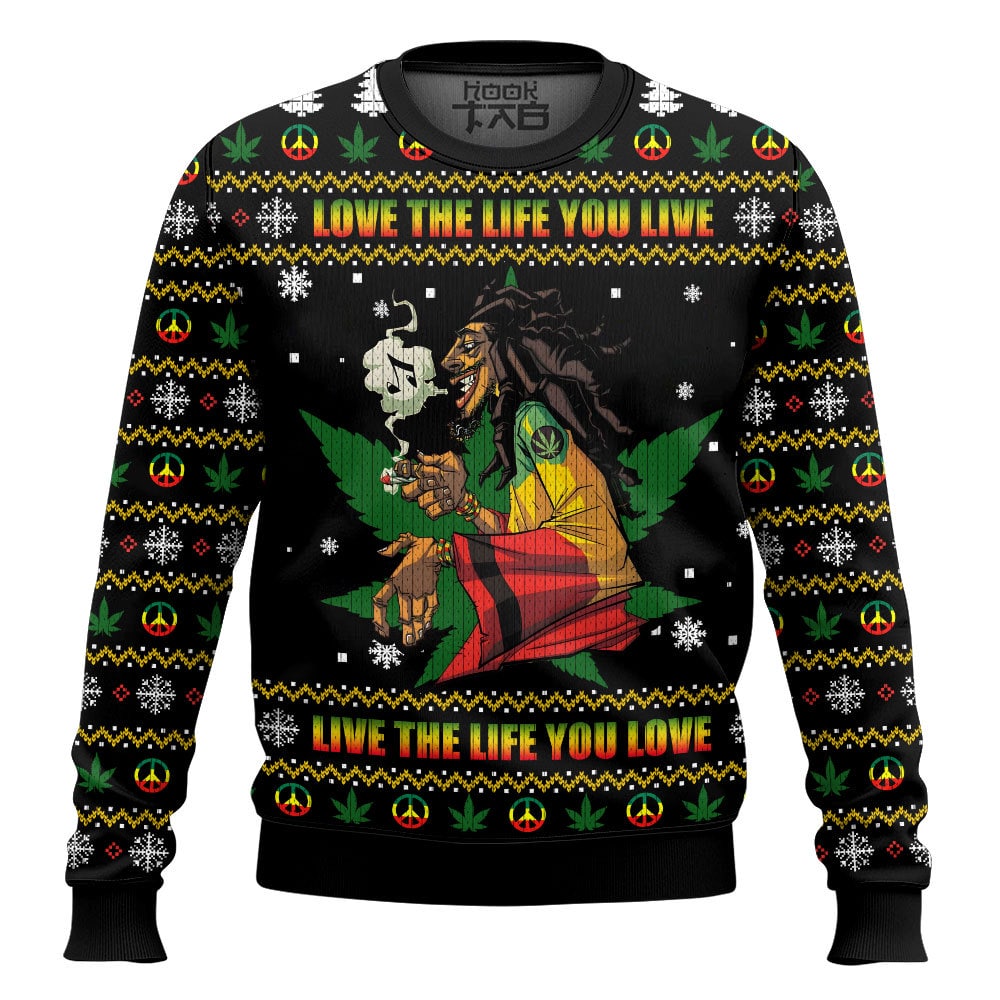 Hooktab 420 Bob Marley "Love The Life You Live, Live The Live You Love" Ugly Christmas Sweater Hooktab 420 Bob Marley "Love The Life You Live, Live The Live You Love" Ugly Christmas Sweater