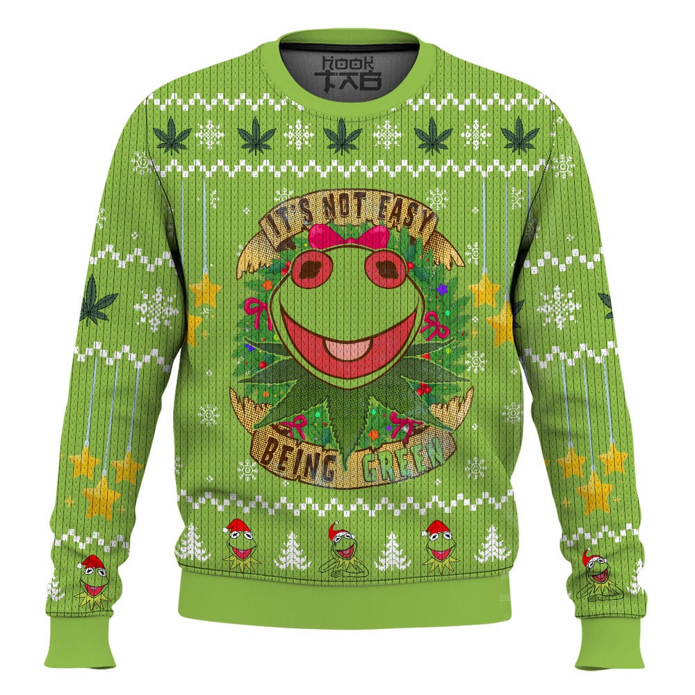 Hooktab 420 It's Not Easy Being Green Frog Ugly Christmas Sweater Hooktab 420 It's Not Easy Being Green Frog Ugly Christmas Sweater