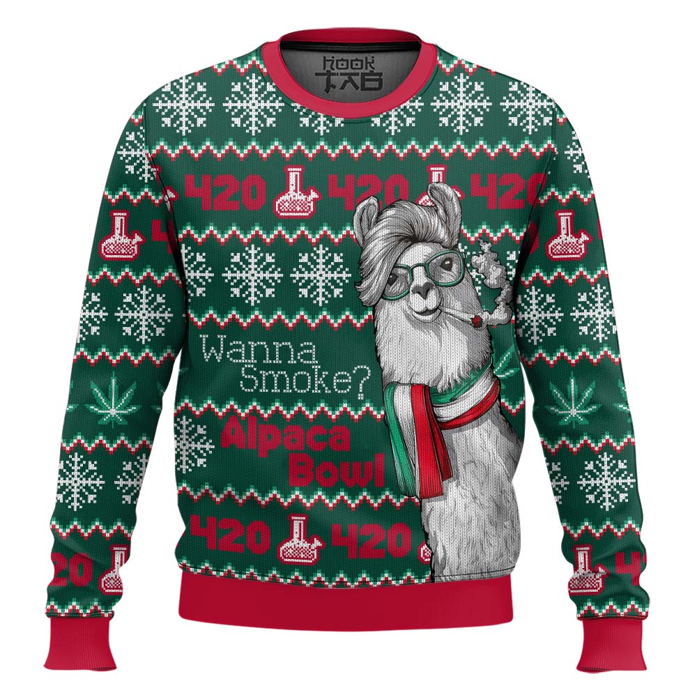 Hooktab 420 Wanna Smoke Alpaca Bowl Ugly Christmas Sweater Hooktab 420 Wanna Smoke Alpaca Bowl Ugly Christmas Sweater