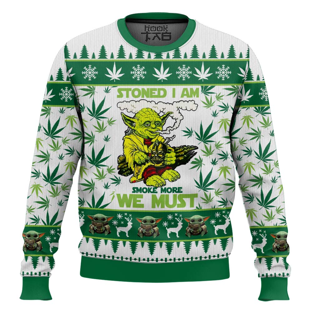 Hooktab 420 Yoda "Stoned I am Smoke More We Must" Ugly Christmas Sweater Hooktab 420 Yoda "Stoned I am Smoke More We Must" Ugly Christmas Sweater