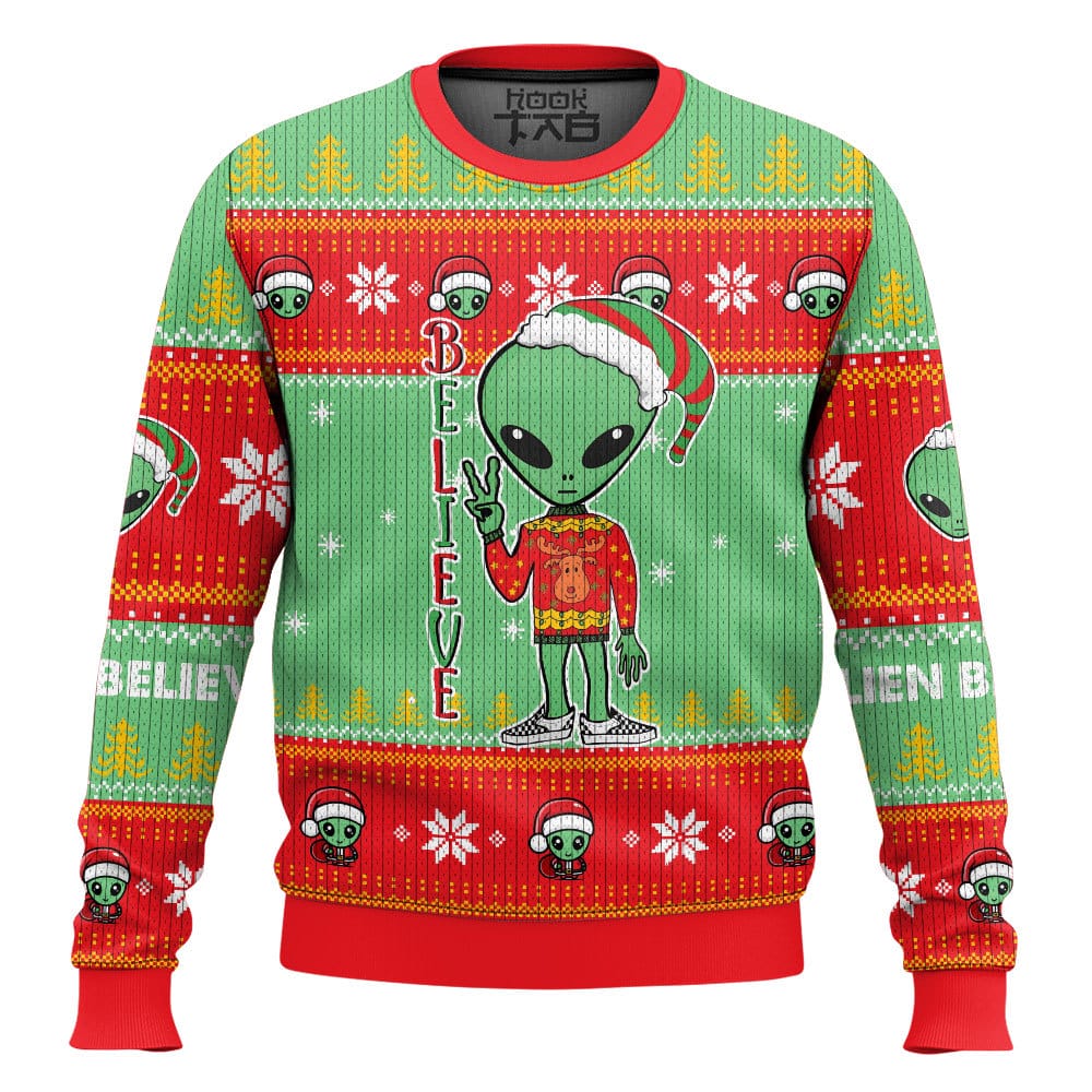 Hooktab Alien Believe Ugly Christmas Sweater Hooktab Alien Believe Ugly Christmas Sweater