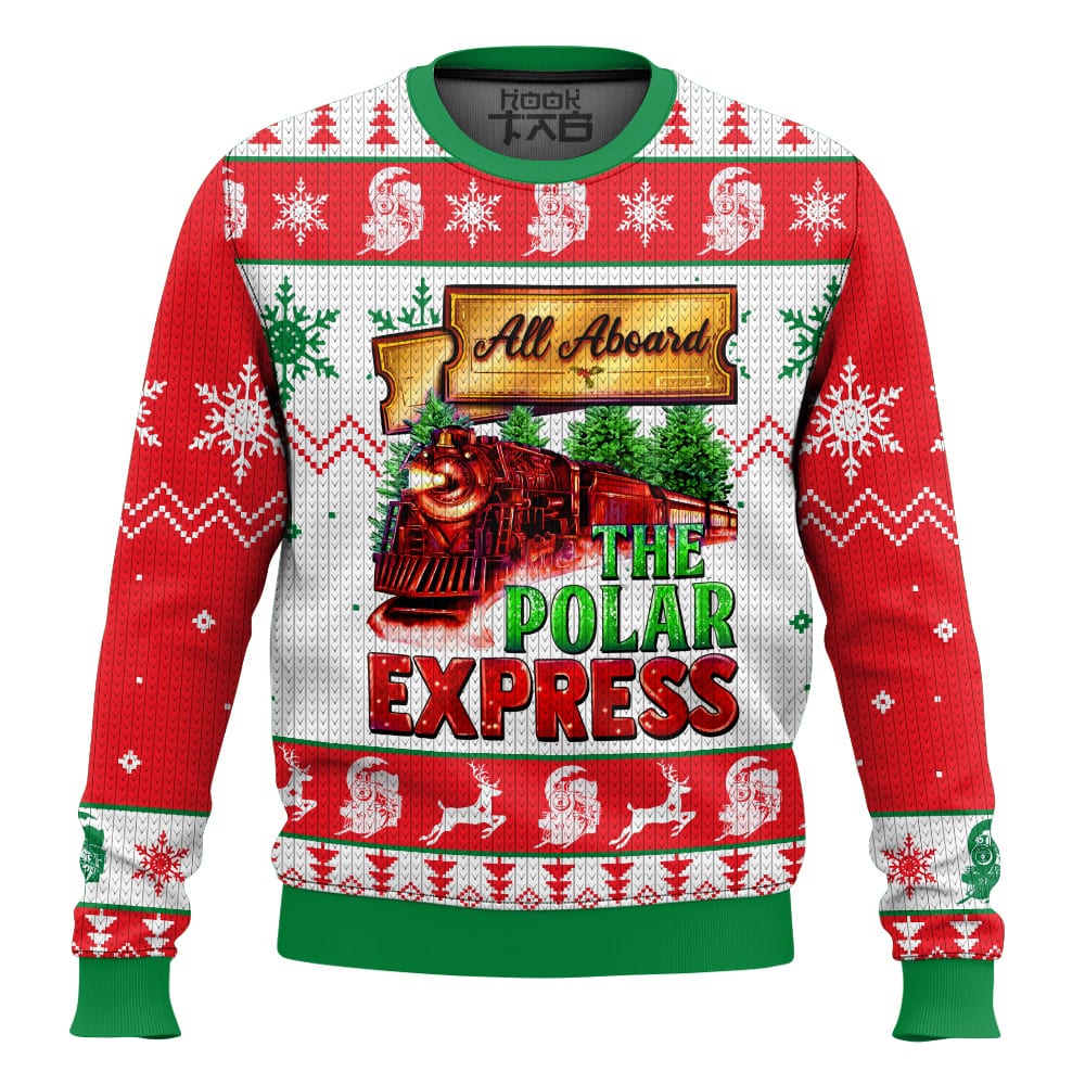 Hooktab All Aboard The Polar Express Ugly Christmas Sweater Hooktab All Aboard The Polar Express Ugly Christmas Sweater