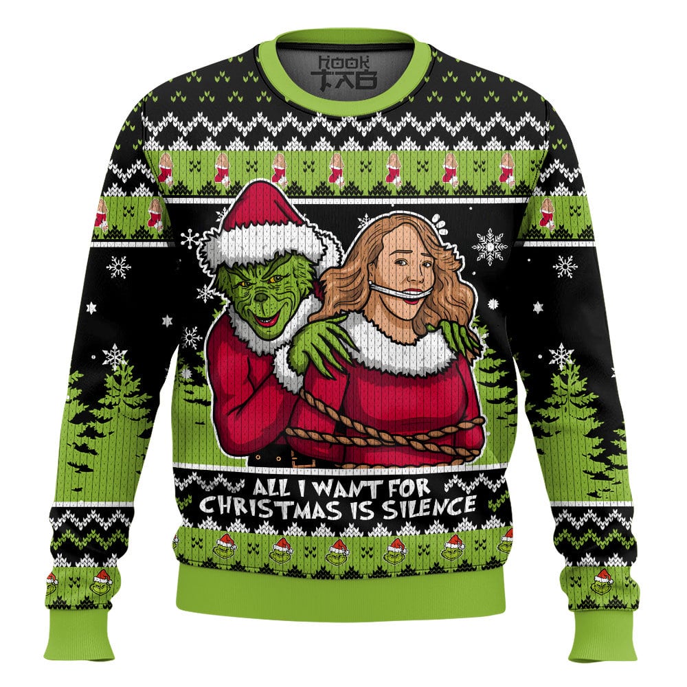 Hooktab All I Want For Christmas Is Silence! Grinch Ugly Christmas Sweater Hooktab All I Want For Christmas Is Silence! Grinch Ugly Christmas Sweater