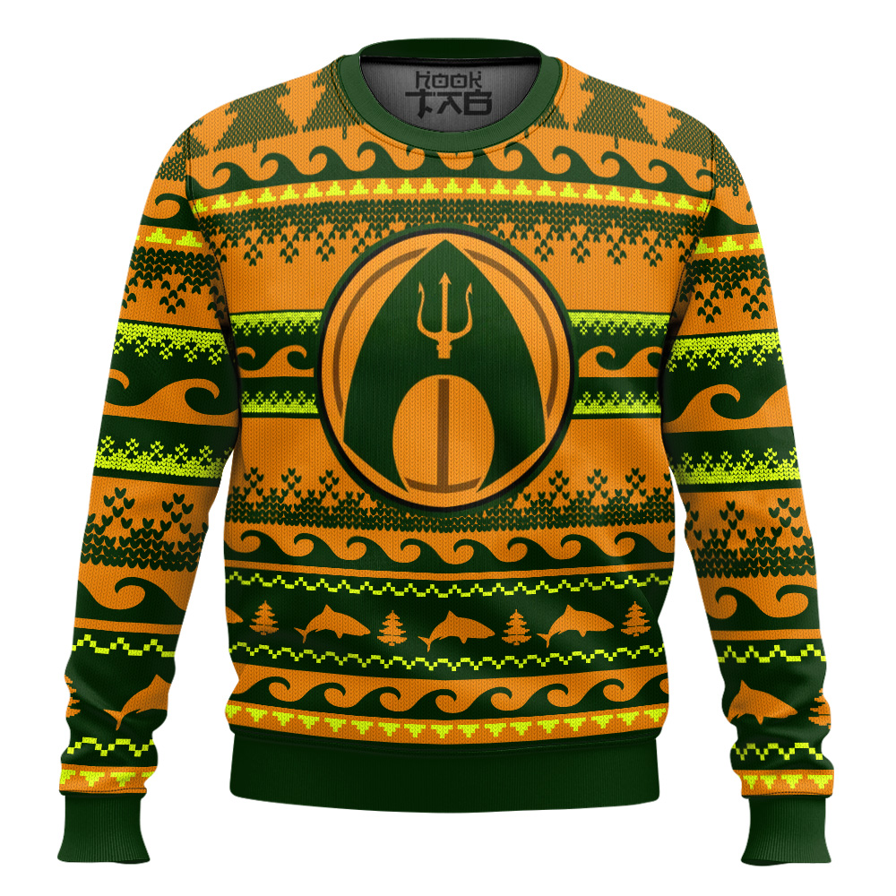Hooktab Aquaman Trident DC Ugly Christmas Sweater Hooktab Aquaman Trident DC Ugly Christmas Sweater