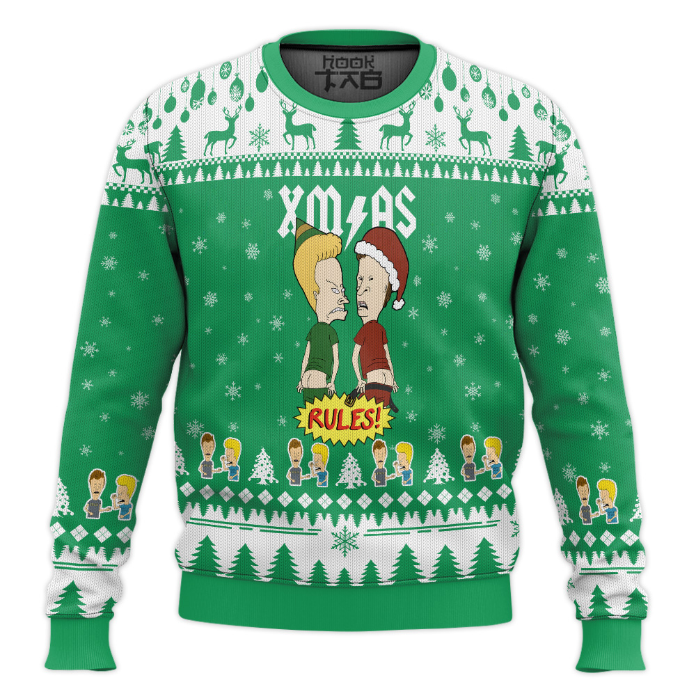 Hooktab Beavis And Butt-head Xmas Rules Ugly Christmas Sweater Hooktab Beavis And Butt-head Xmas Rules Ugly Christmas Sweater