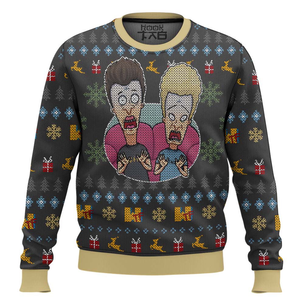 Hooktab Beavis And Butthead Surprise Reaction Ugly Christmas Sweater Hooktab Beavis And Butthead Surprise Reaction Ugly Christmas Sweater
