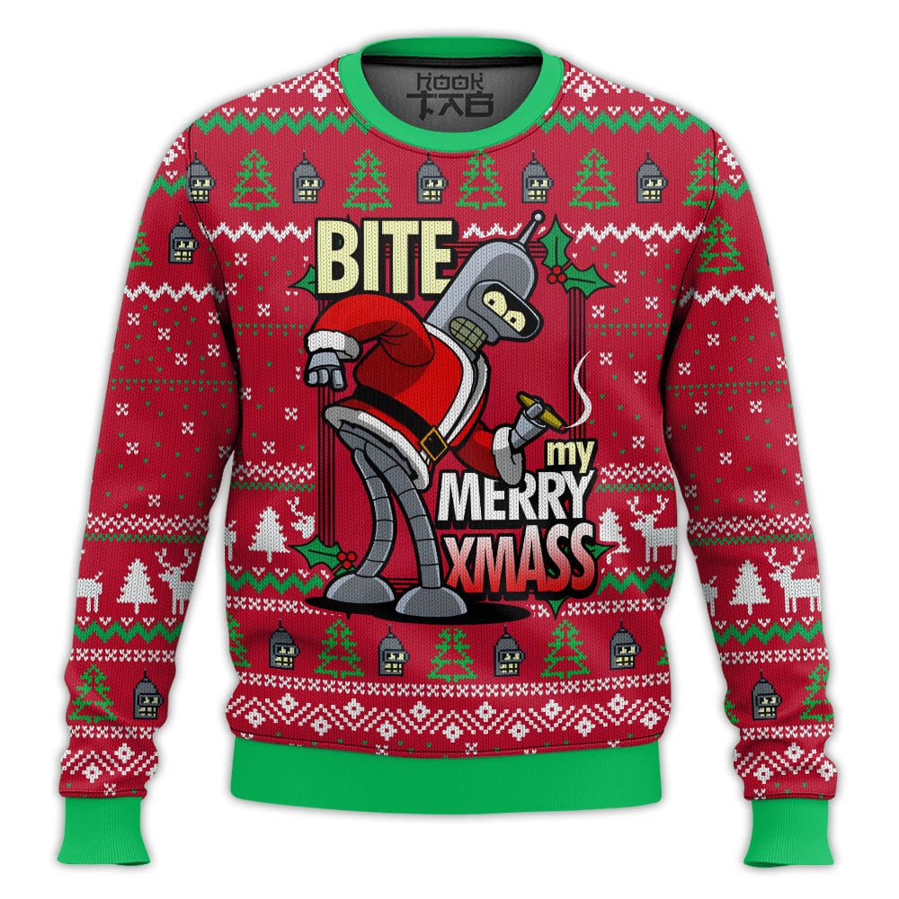 Hooktab Bite My Merry Xmass Futurama Ugly Christmas Sweater Hooktab Bite My Merry Xmass Futurama Ugly Christmas Sweater