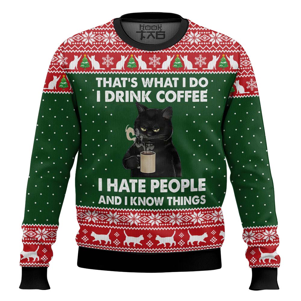 Hooktab Black Cat Drink Coffee, Hate People And Know Thing Ugly Christmas Sweater Hooktab Black Cat Drink Coffee, Hate People And Know Thing Ugly Christmas Sweater