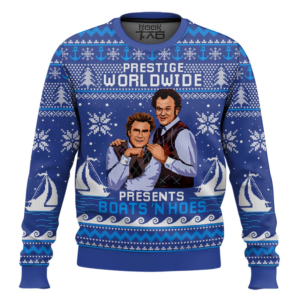 Hooktab Blue Boats 'N Hoes Step Brothers Ugly Christmas Sweater Hooktab Blue Boats 'N Hoes Step Brothers Ugly Christmas Sweater