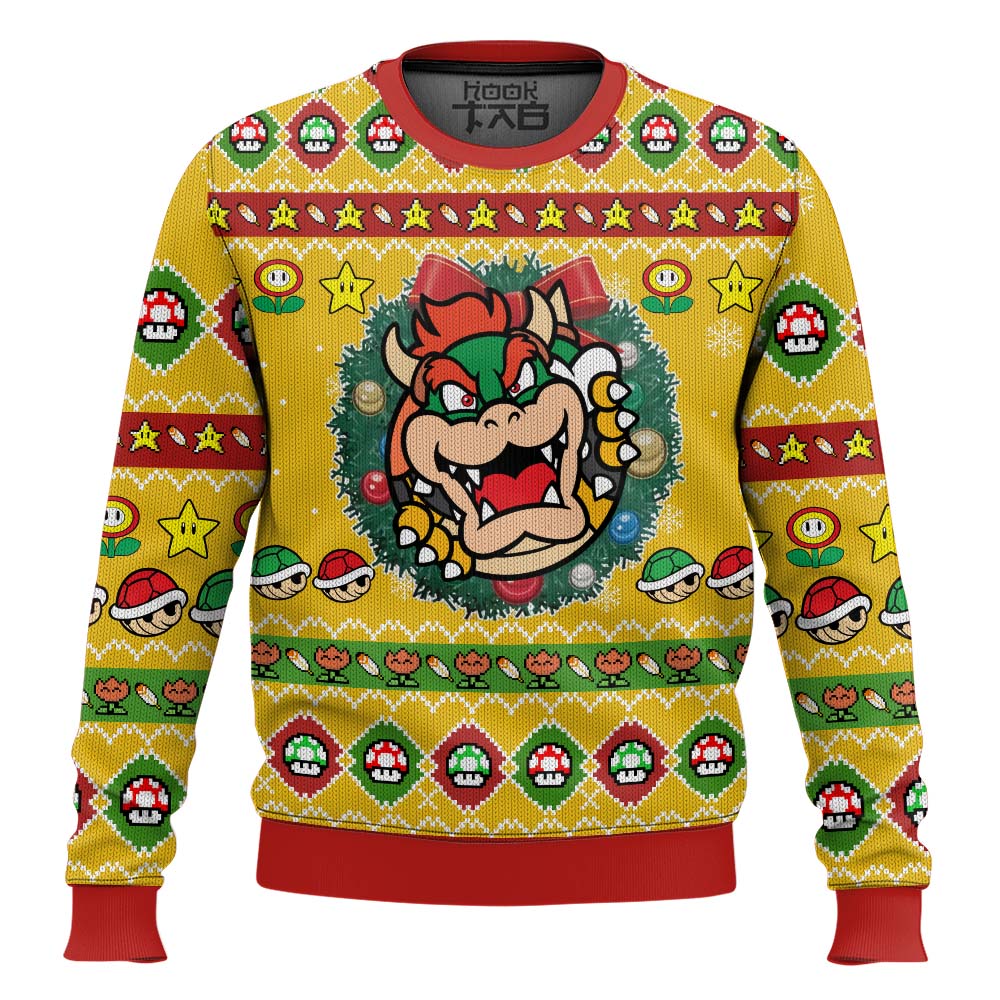 Hooktab Bowser Wreath Mario Bros Ugly Christmas Sweater Hooktab Bowser Wreath Mario Bros Ugly Christmas Sweater