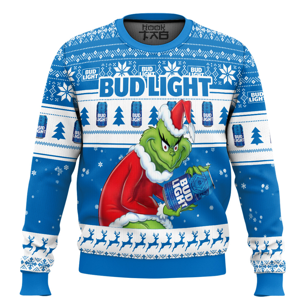 Hooktab Bud Light The Grinch Ugly Christmas Sweater Hooktab Bud Light The Grinch Ugly Christmas Sweater
