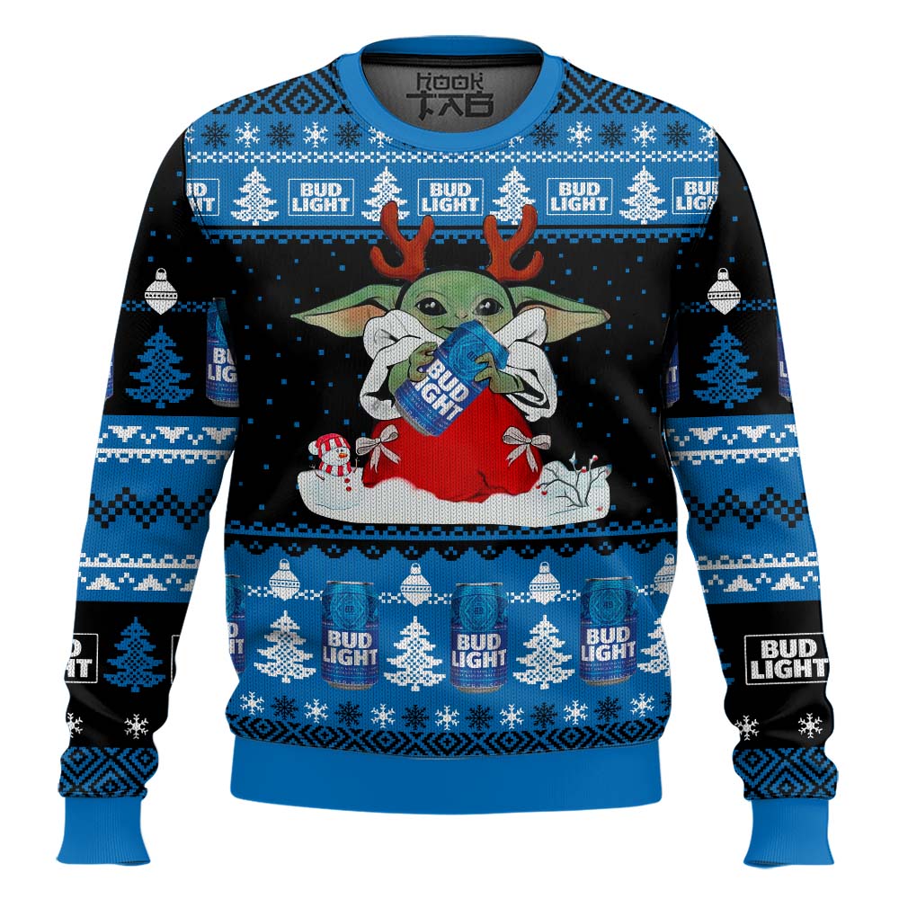 Hooktab Bud Light Yoda Ugly Christmas Sweater Hooktab Bud Light Yoda Ugly Christmas Sweater