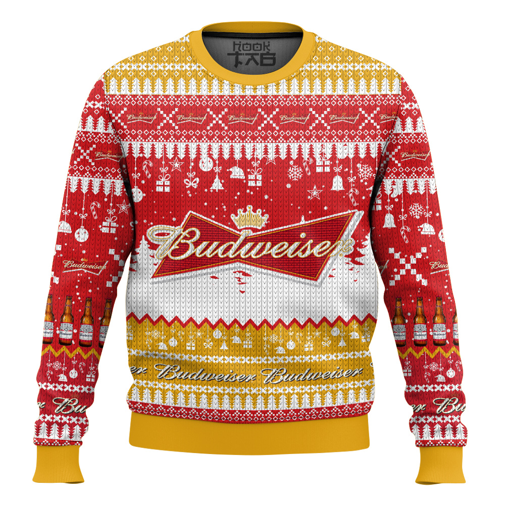 Hooktab Budweiser Lager Beer Ugly Christmas Sweater Hooktab Budweiser Lager Beer Ugly Christmas Sweater