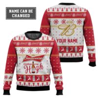 Hooktab Budweiser Makes Me High - Custom Name Ugly Christmas Sweater