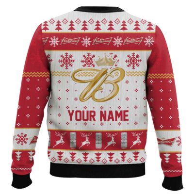 Hooktab Budweiser Makes Me High – Custom Name Ugly Christmas Sweater