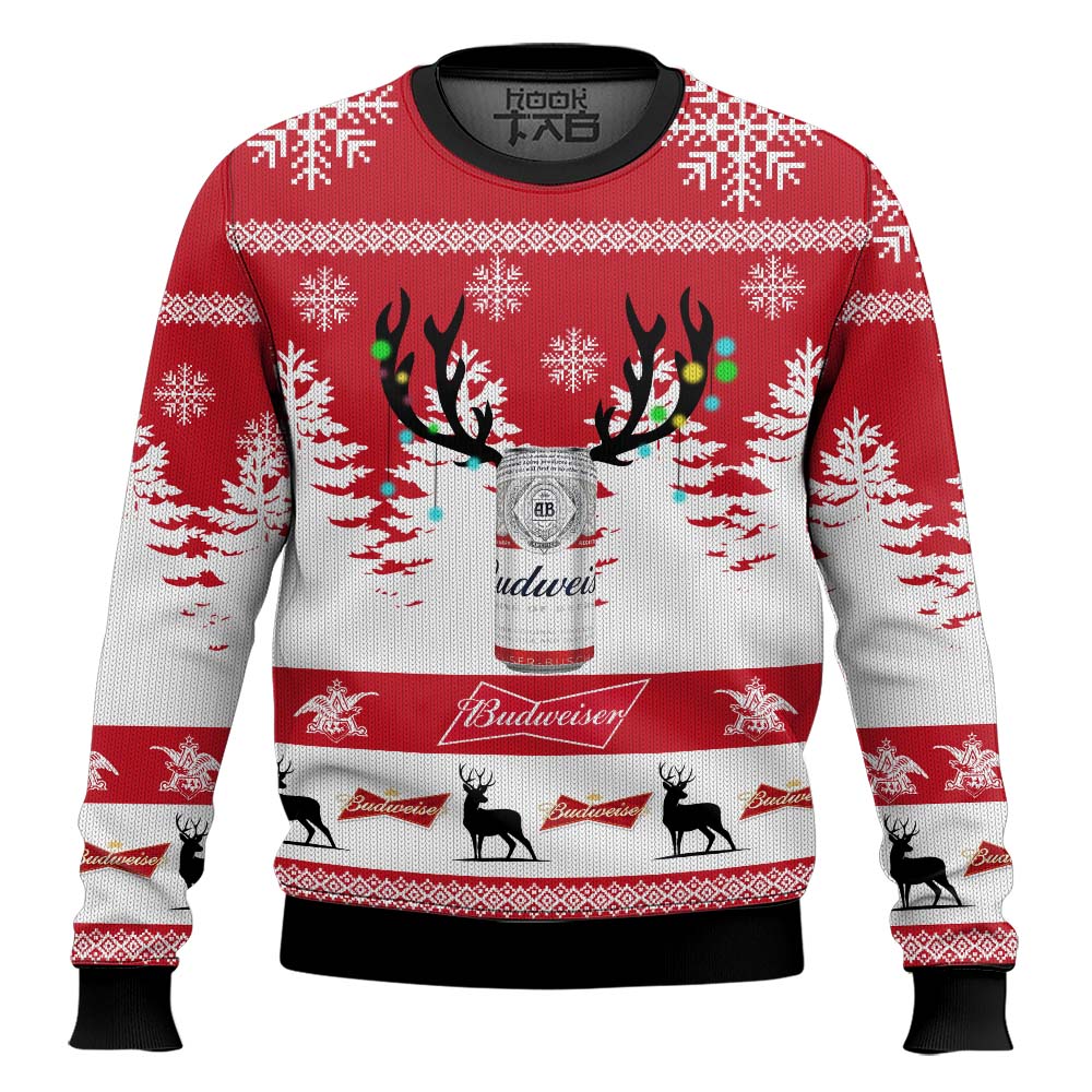 Hooktab Budweiser Reindeer - Custom Name Ugly Christmas Sweater Hooktab Budweiser Reindeer - Custom Name Ugly Christmas Sweater