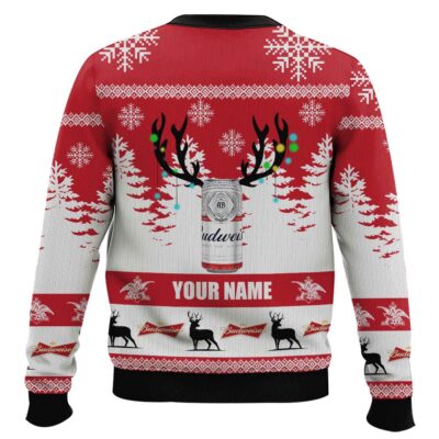 Hooktab Budweiser Reindeer – Custom Name Ugly Christmas Sweater