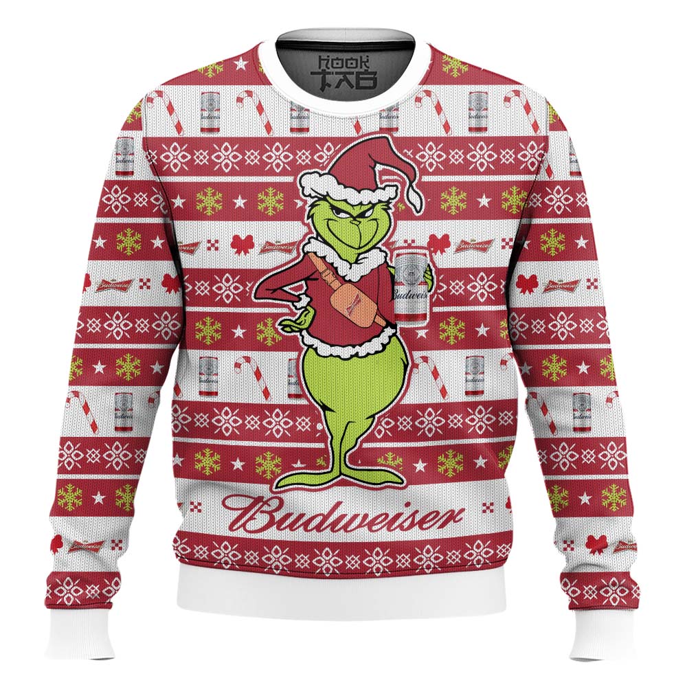 Hooktab Budweiser The Grinch Ugly Christmas Sweater Hooktab Budweiser The Grinch Ugly Christmas Sweater