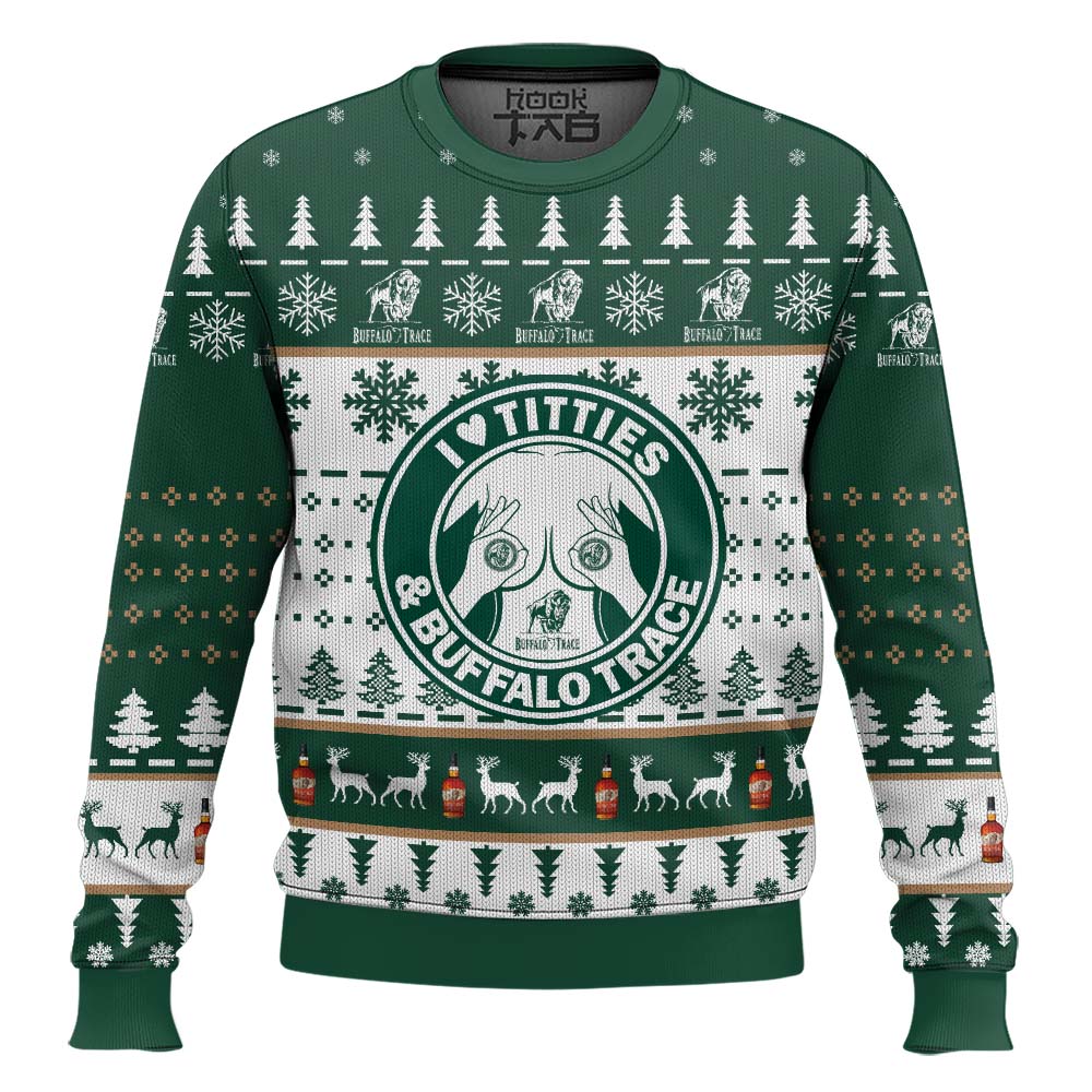Hooktab Buffalo Trace Whiskey Titties Funny Ugly Christmas Sweater Hooktab Buffalo Trace Whiskey Titties Funny Ugly Christmas Sweater