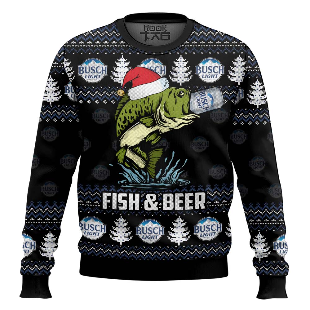Hooktab Busch Light Fish And Beer Ugly Christmas Sweater Hooktab Busch Light Fish And Beer Ugly Christmas Sweater