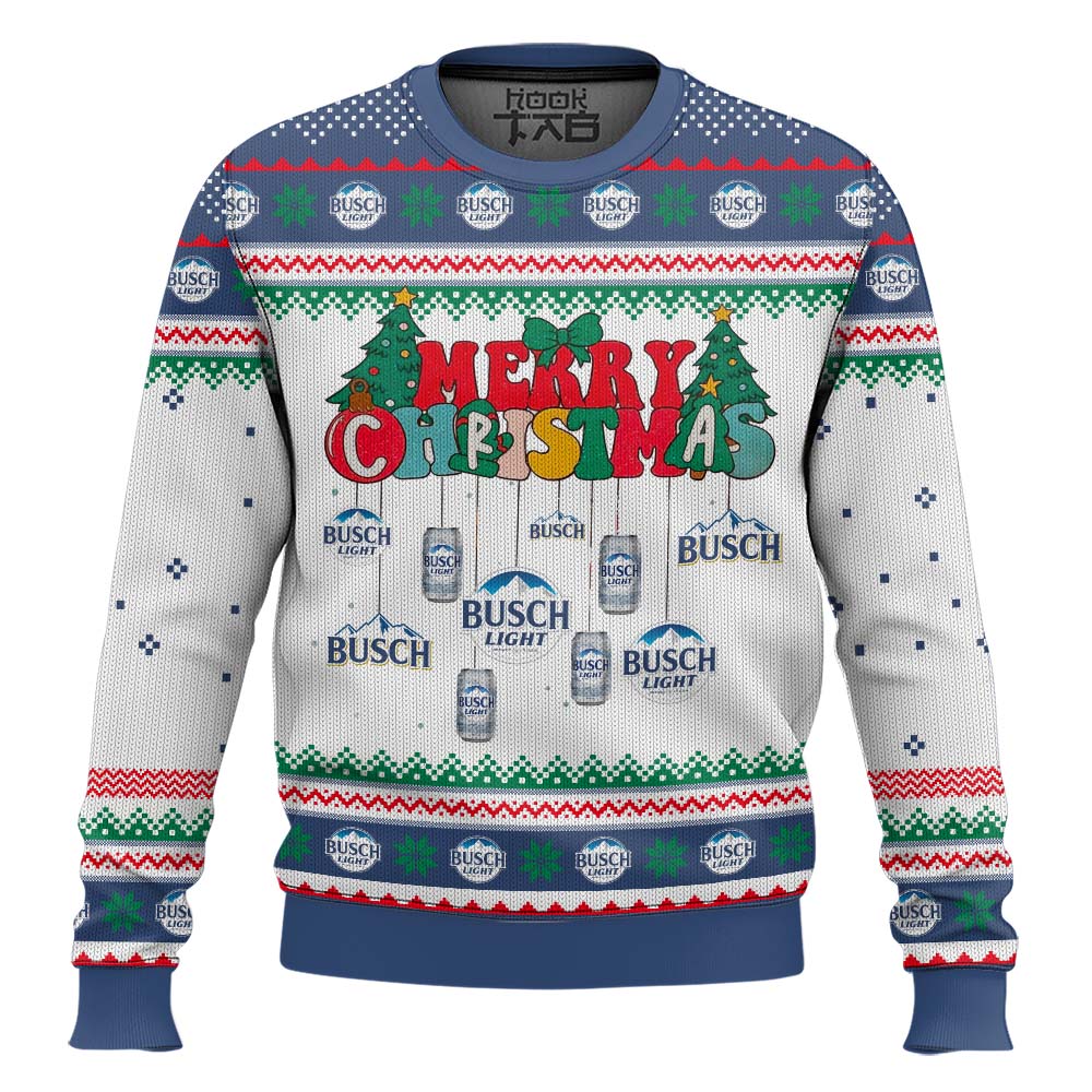 Hooktab Busch Light Merry Christmas Ugly Christmas Sweater Hooktab Busch Light Merry Christmas Ugly Christmas Sweater