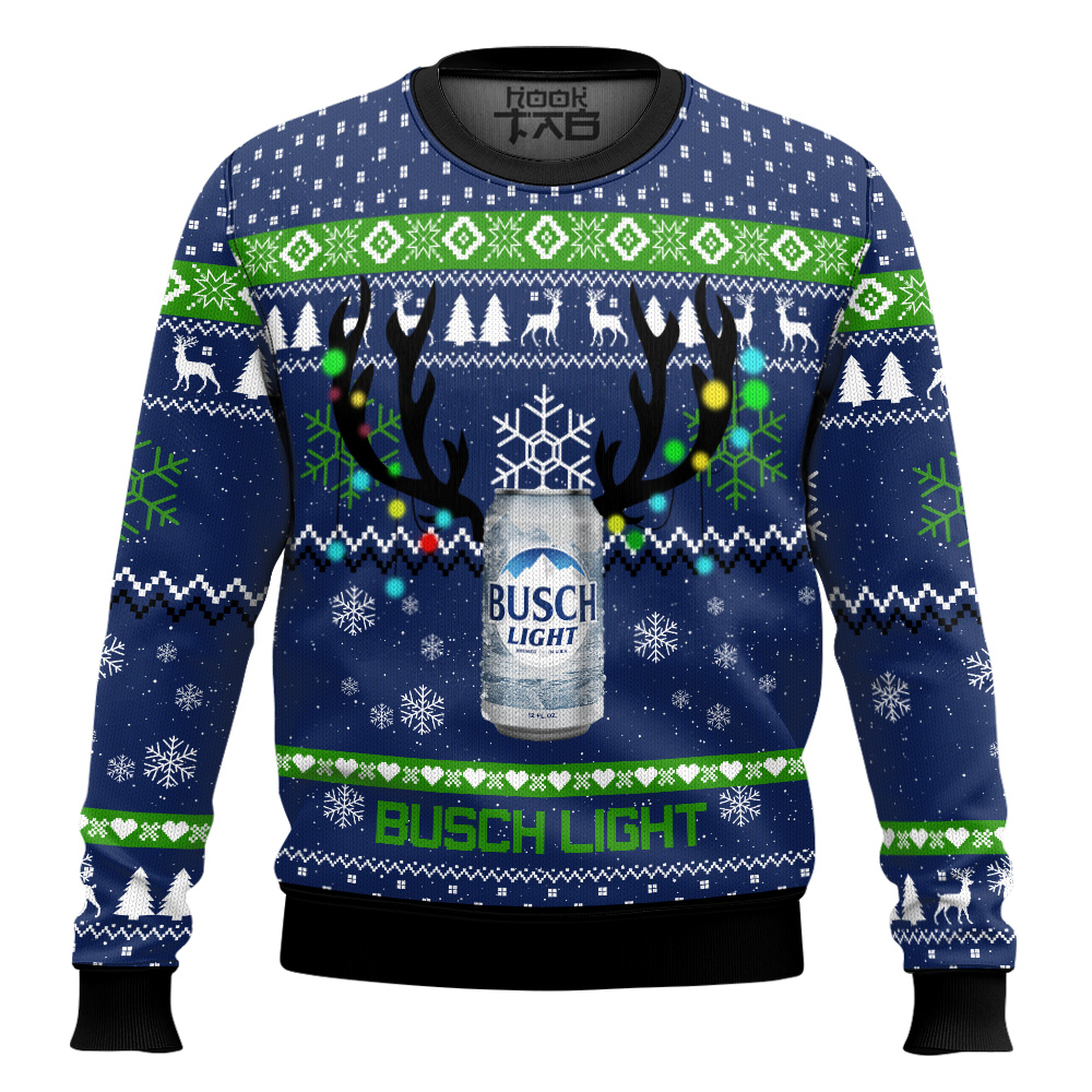 Hooktab Busch Light Reindeer Ugly Christmas Sweater Hooktab Busch Light Reindeer Ugly Christmas Sweater