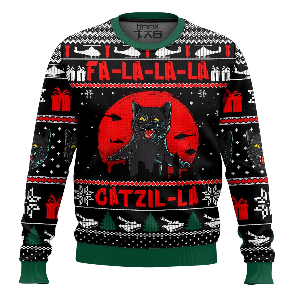 Hooktab Catzila Black Cat Ugly Christmas Sweater Hooktab Catzila Black Cat Ugly Christmas Sweater