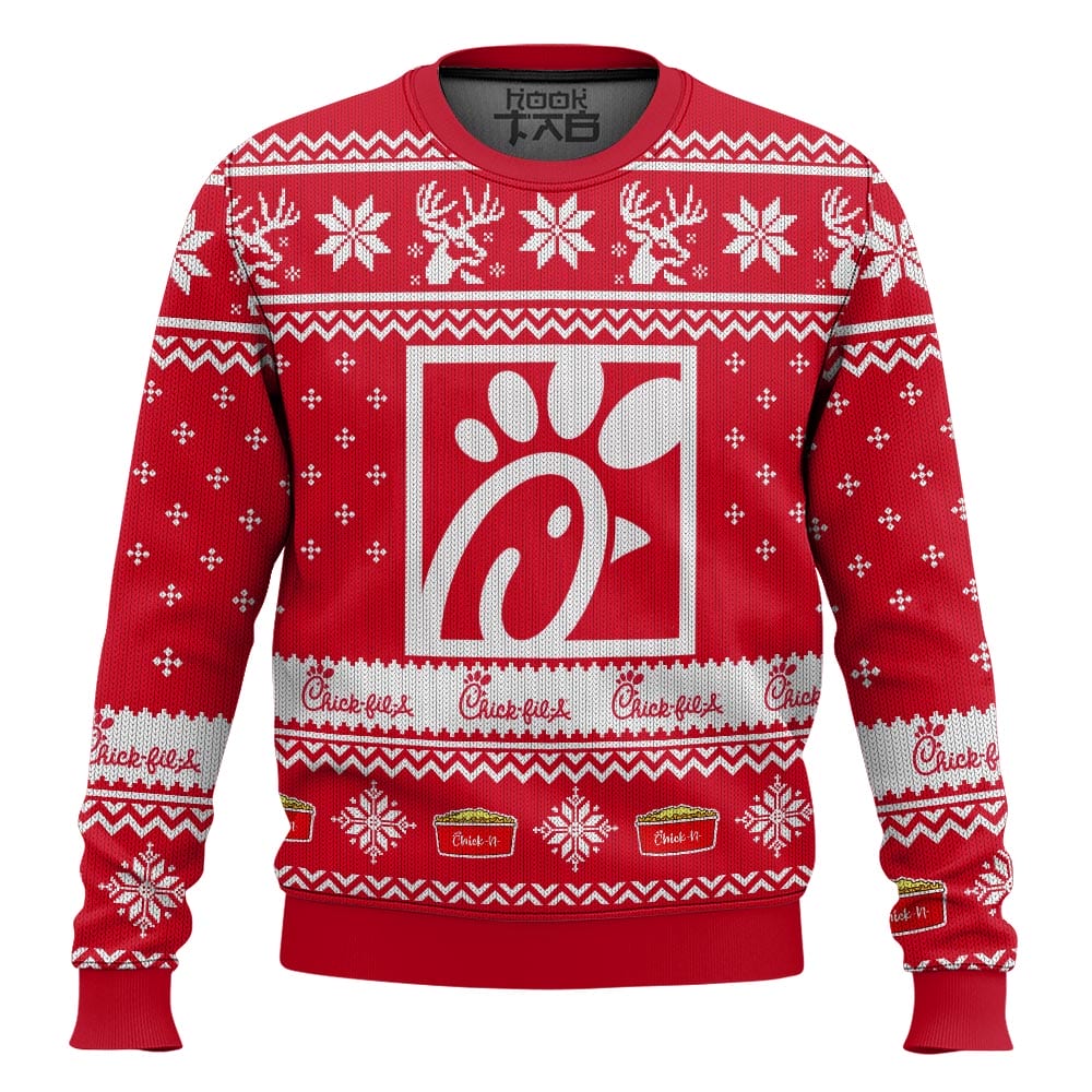 Hooktab Chick-fil-a Fast Food Ugly Christmas Sweater Hooktab Chick-fil-a Fast Food Ugly Christmas Sweater