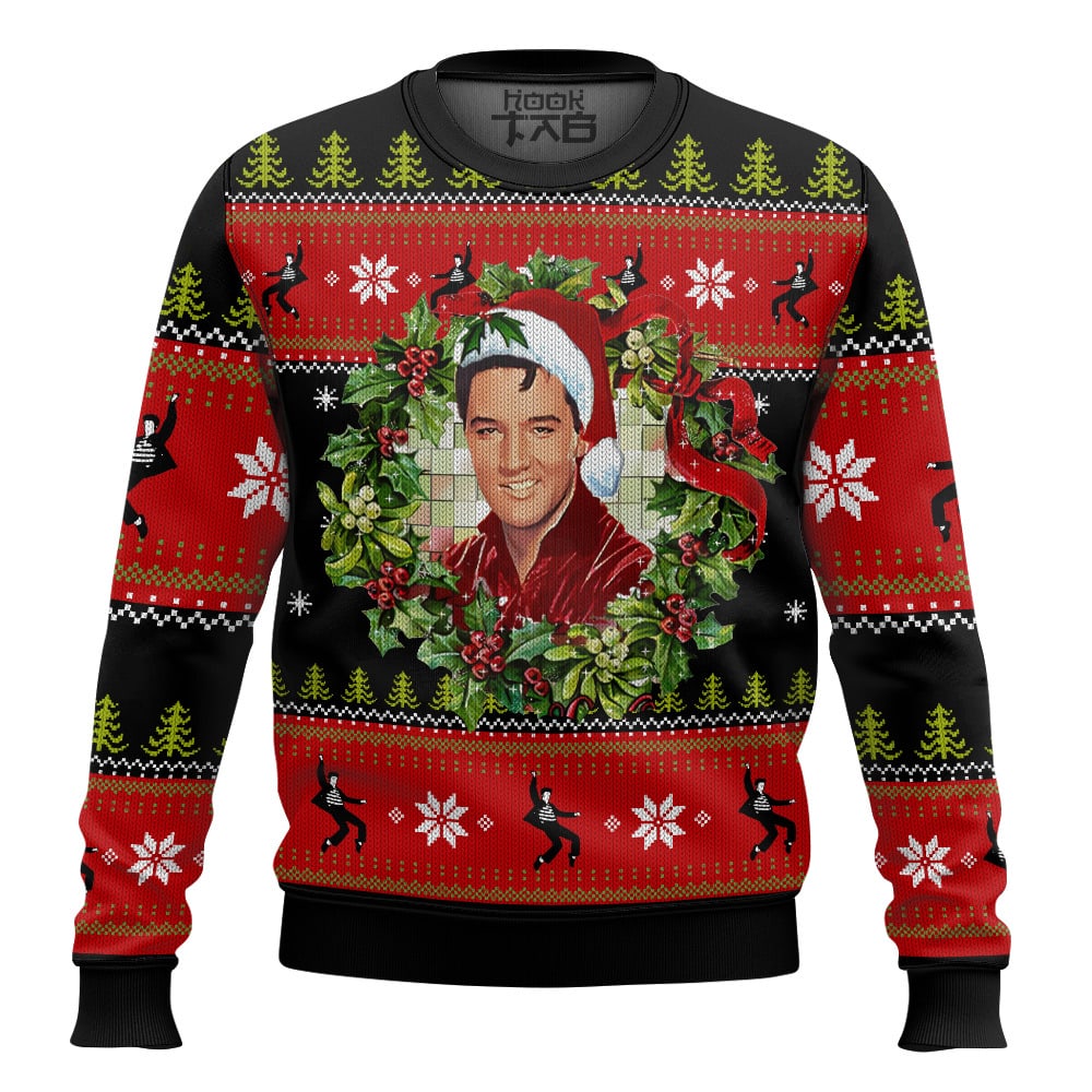 Hooktab Christmas Wreath Elvis Presley Ugly Christmas Sweater Hooktab Christmas Wreath Elvis Presley Ugly Christmas Sweater