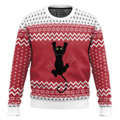 Climbing Black Cat Ugly Christmas Sweater