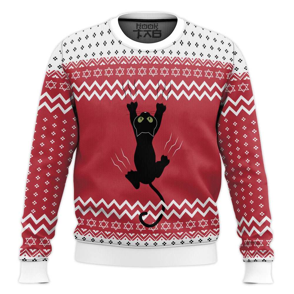 Hooktab Climbing Black Cat Ugly Christmas Sweater Hooktab Climbing Black Cat Ugly Christmas Sweater