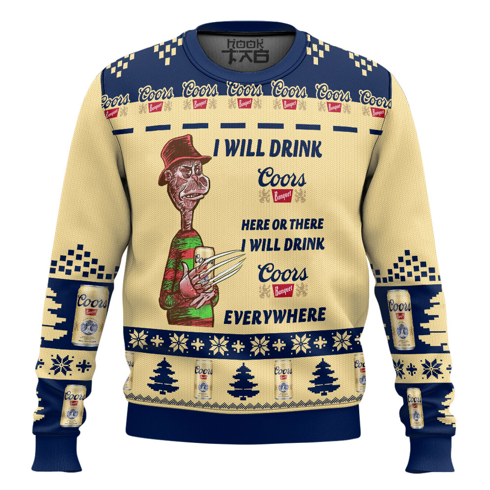 Hooktab Coors Banquet Drink Everywhere Ugly Christmas Sweater Hooktab Coors Banquet Drink Everywhere Ugly Christmas Sweater