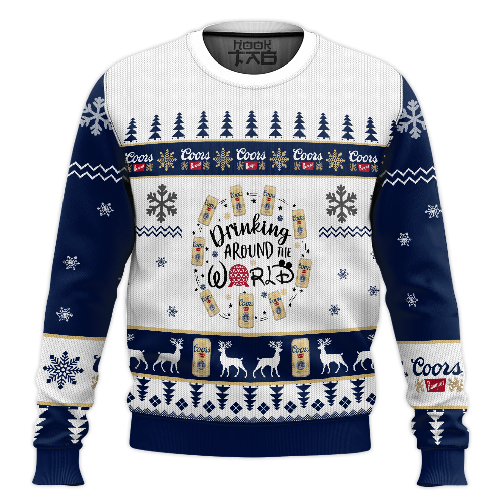 Hooktab Coors Banquet Drinking Around World Ugly Christmas Sweater Hooktab Coors Banquet Drinking Around World Ugly Christmas Sweater