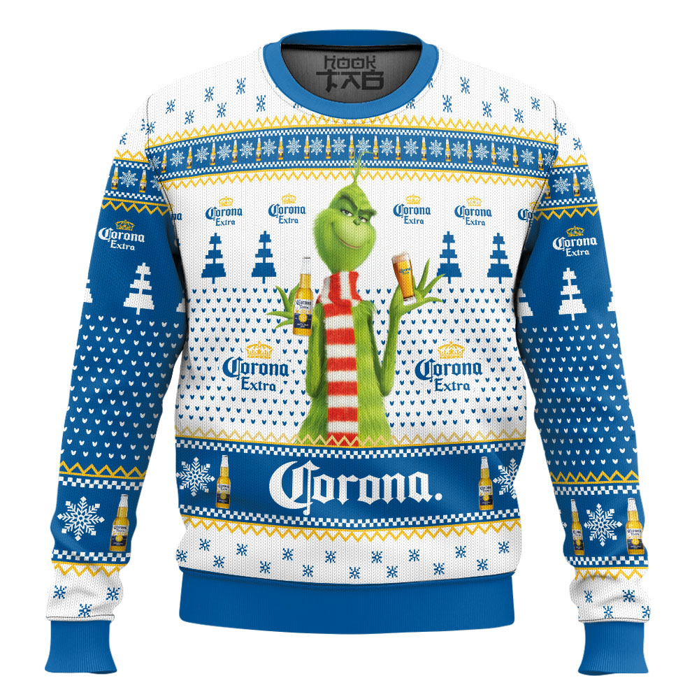 Hooktab Corona Extra Grinch Ugly Christmas Sweater Hooktab Corona Extra Grinch Ugly Christmas Sweater