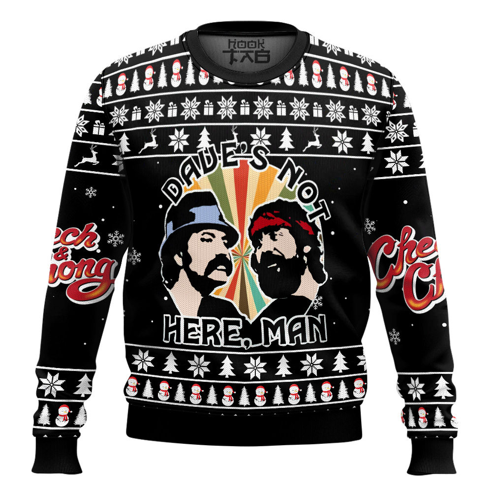 Hooktab Dave's Not Here Man Cheech & Chong Ugly Christmas Sweater Hooktab Dave's Not Here Man Cheech & Chong Ugly Christmas Sweater