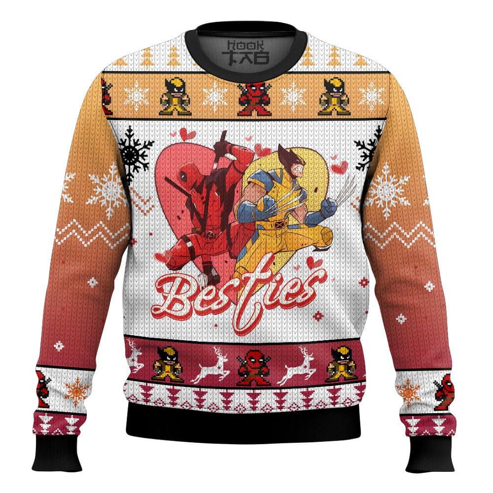Hooktab Deadpool And Wolverine Besties Friends Ugly Christmas Sweater Hooktab Deadpool And Wolverine Besties Friends Ugly Christmas Sweater