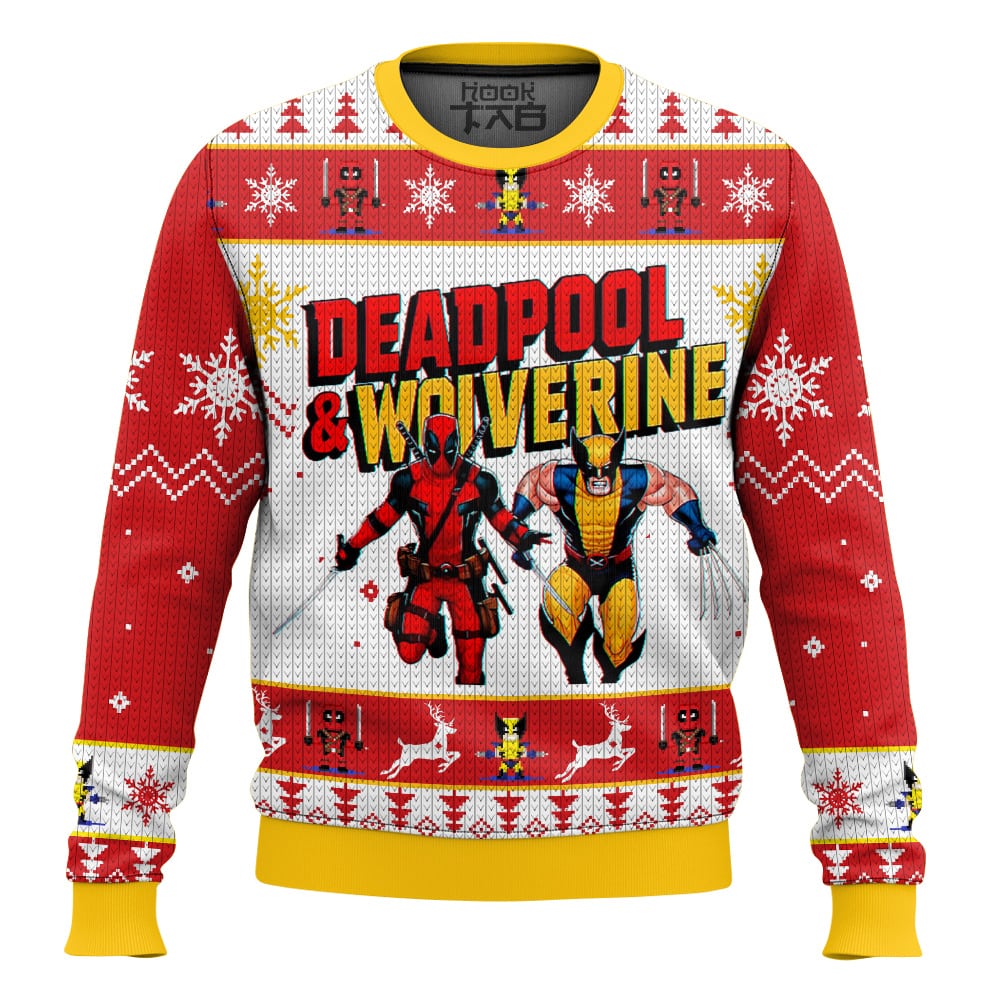 Hooktab Deadpool And Wolverine Happy Halloween Ugly Christmas Sweater Hooktab Deadpool And Wolverine Happy Halloween Ugly Christmas Sweater