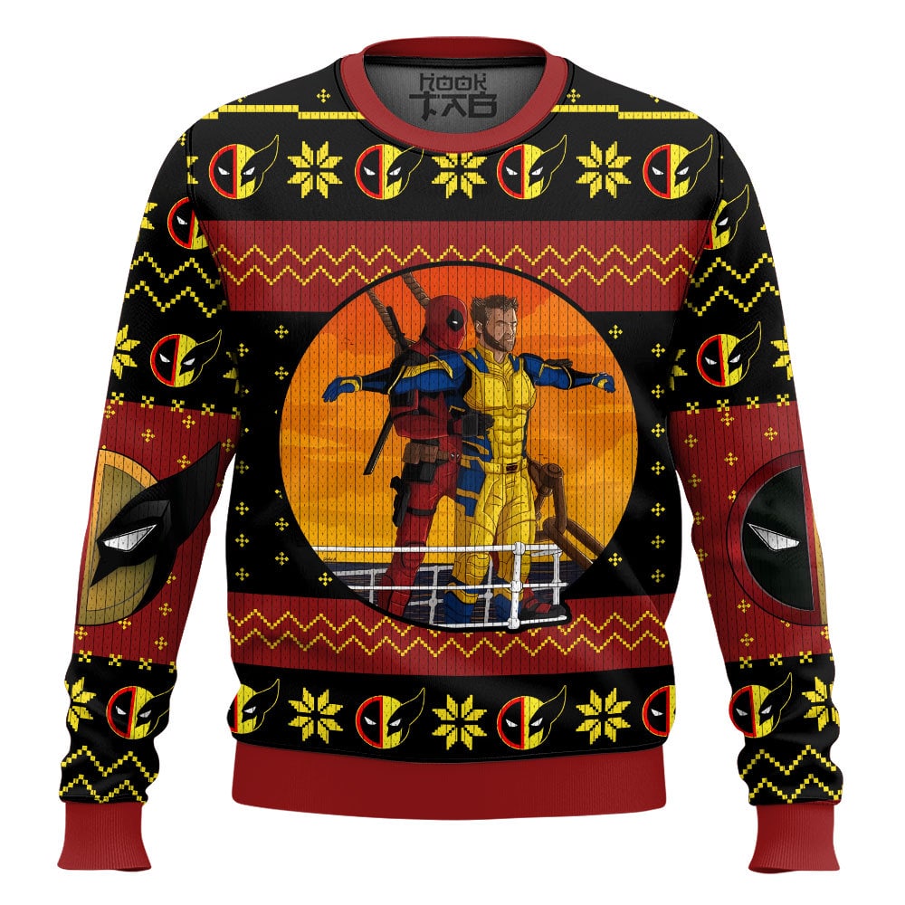 Hooktab Deadpool And Wolverine Titanic Moment Ugly Christmas Sweater Hooktab Deadpool And Wolverine Titanic Moment Ugly Christmas Sweater