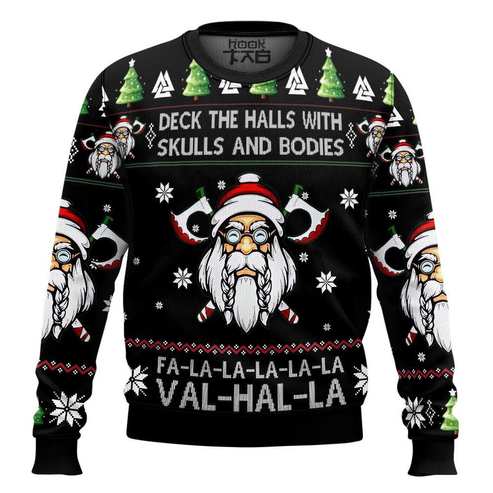 Hooktab Deck The Halls With Skulls And Bodies Viking Ugly Christmas Sweater Hooktab Deck The Halls With Skulls And Bodies Viking Ugly Christmas Sweater