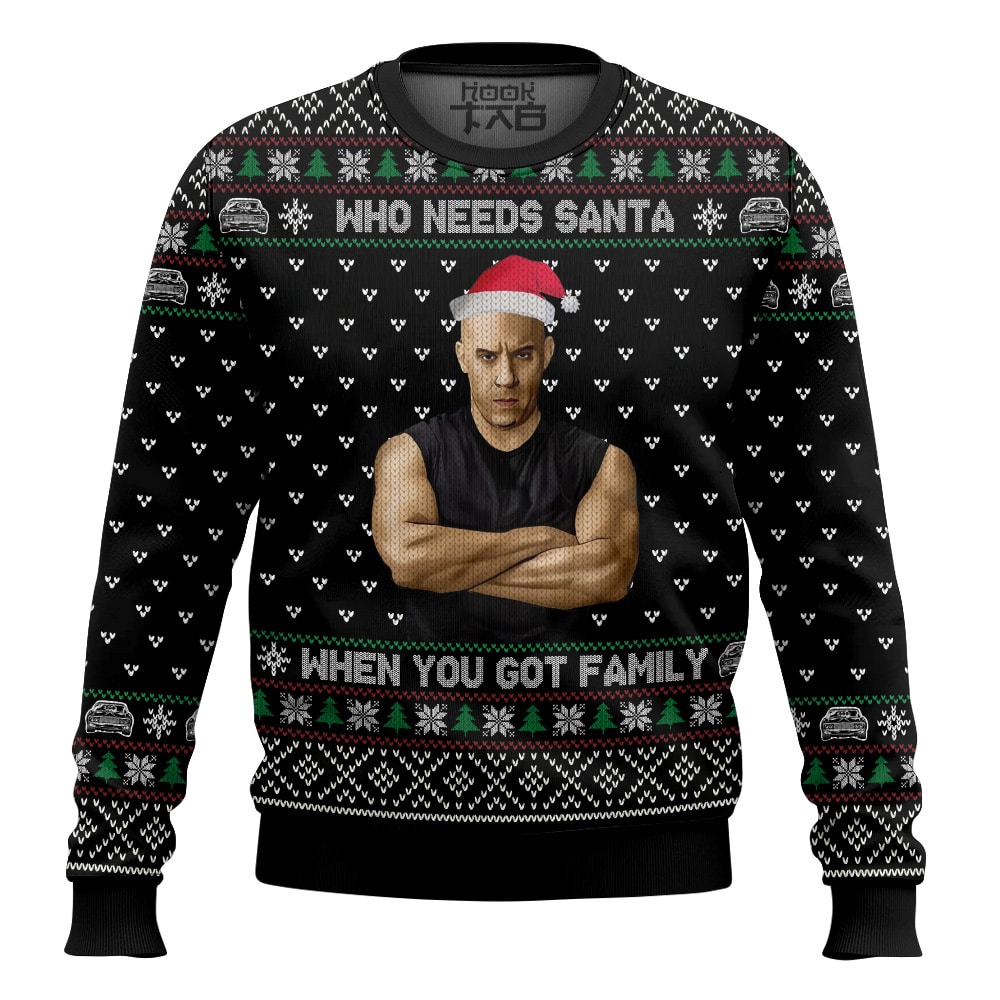 Hooktab Dominic Toretto Who Needs Santa, When You Got Family Fast And Furious Ugly Christmas Sweater Hooktab Dominic Toretto Who Needs Santa, When You Got Family Fast And Furious Ugly Christmas Sweater