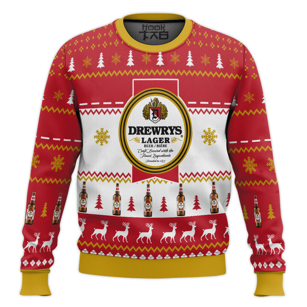 Hooktab Drewrys Lager Beer Ugly Christmas Sweater Hooktab Drewrys Lager Beer Ugly Christmas Sweater