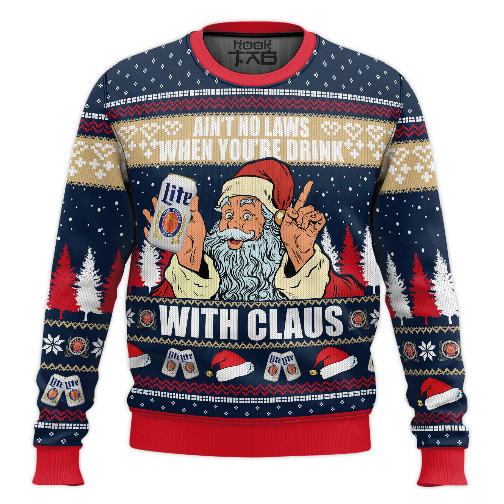 Hooktab Drink Miller Lite With Claus Ugly Christmas Sweater Hooktab Drink Miller Lite With Claus Ugly Christmas Sweater