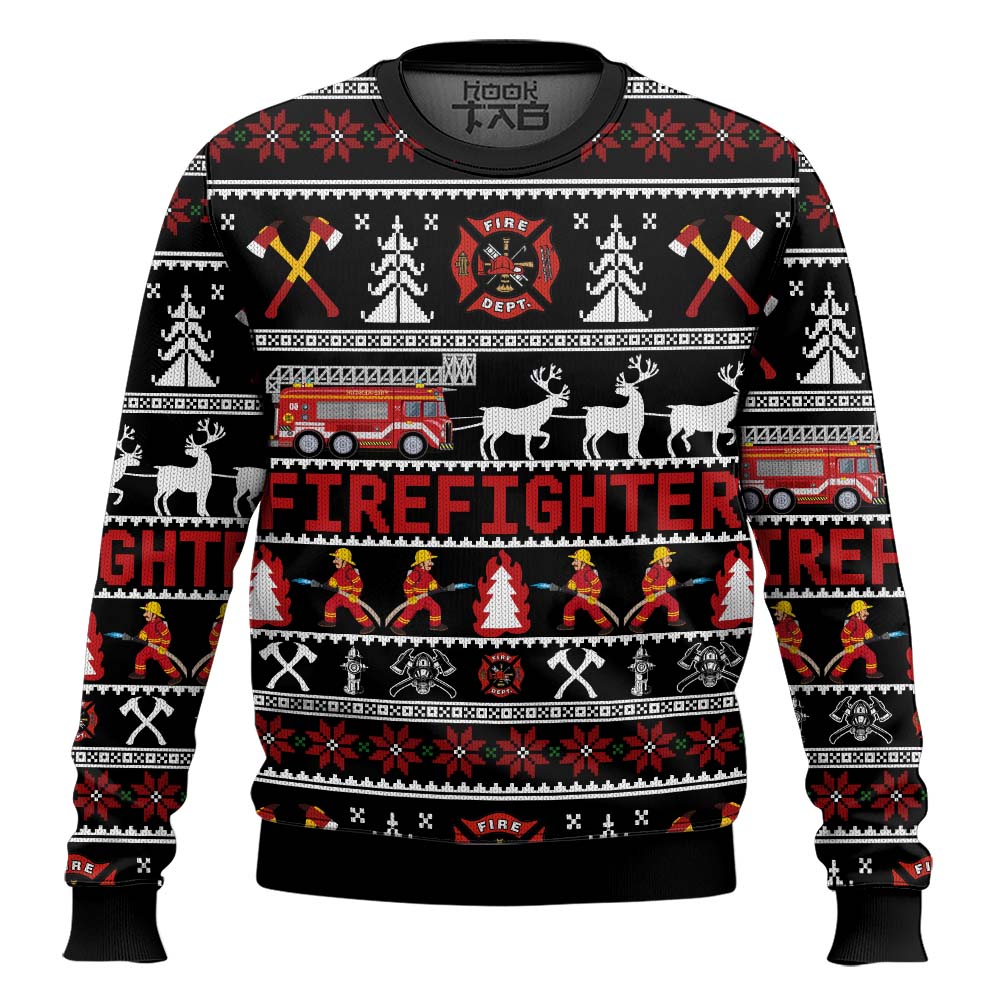 Hooktab Fire Dept Firefighter Ugly Christmas Sweater Hooktab Fire Dept Firefighter Ugly Christmas Sweater
