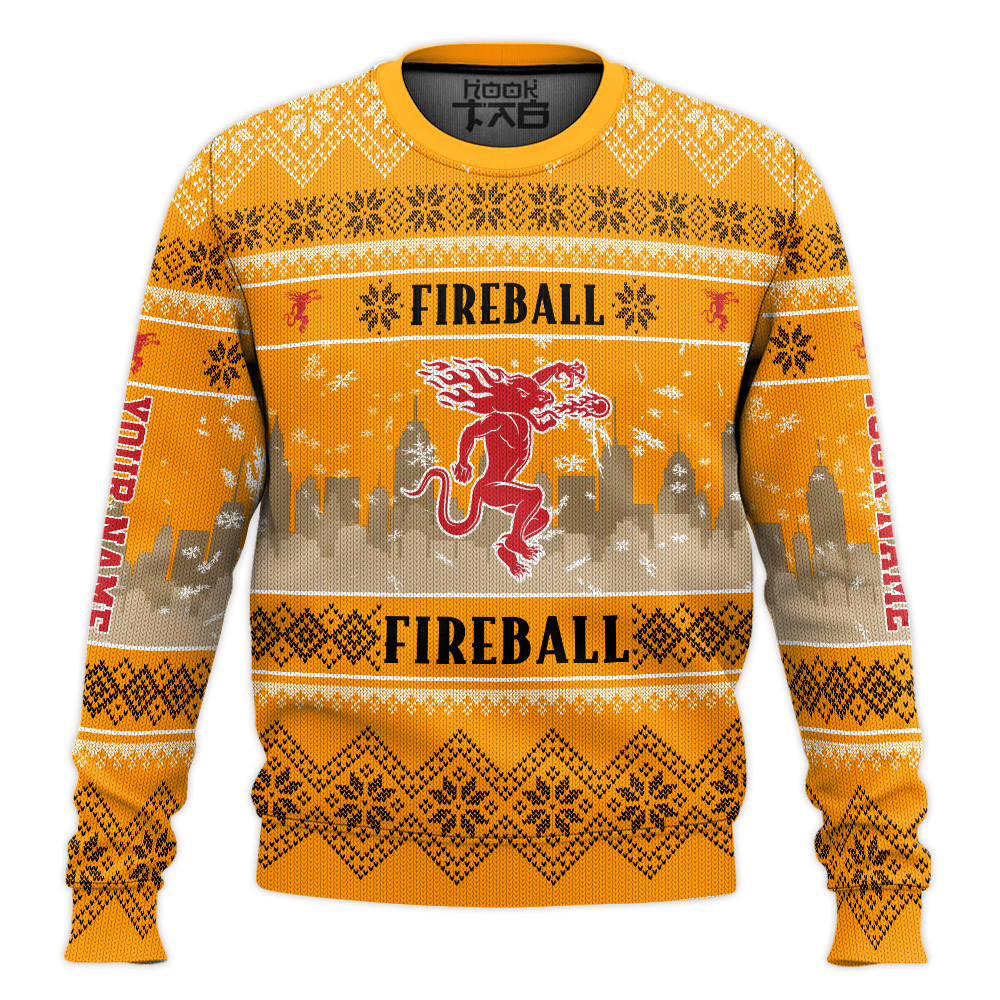 Hooktab Fireball Cinnamon Whisky - Custom Name Ugly Christmas Sweater Hooktab Fireball Cinnamon Whisky - Custom Name Ugly Christmas Sweater