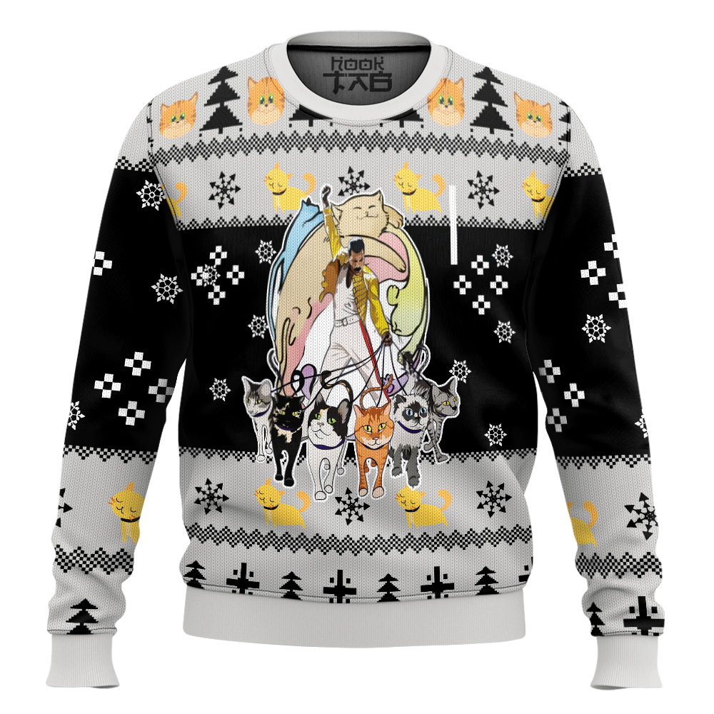 Hooktab Freddie Mercury & Cats Queen Ugly Christmas Sweater Hooktab Freddie Mercury & Cats Queen Ugly Christmas Sweater