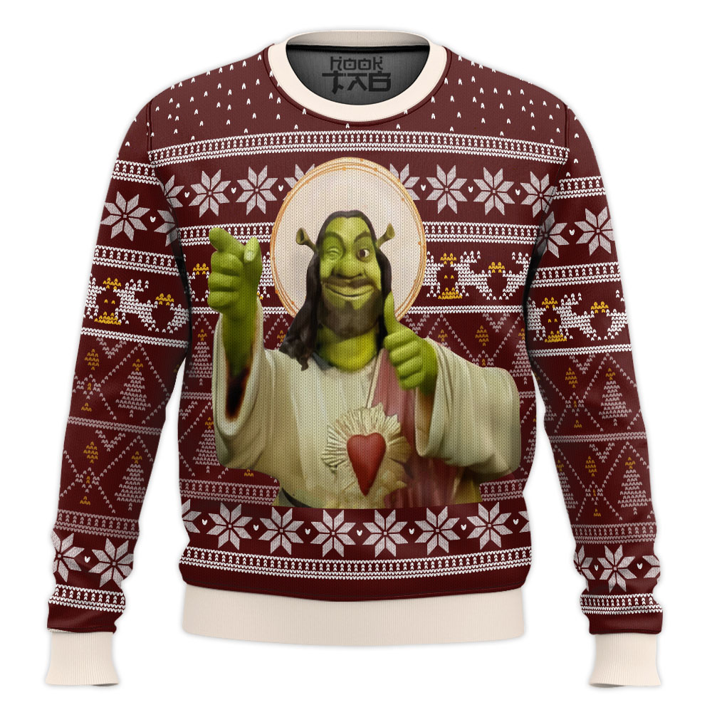 Hooktab Funny Jesus Shrek Ugly Christmas Sweater Hooktab Funny Jesus Shrek Ugly Christmas Sweater