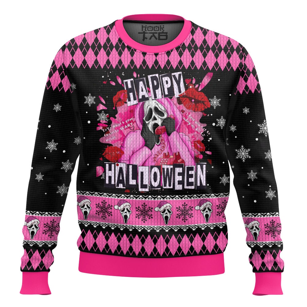 Hooktab Ghostface Happy Halloween Scream Ugly Christmas Sweater Hooktab Ghostface Happy Halloween Scream Ugly Christmas Sweater